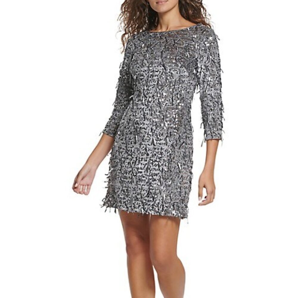 Eliza J Silver Sequin-Fringe Velvet Shift Dress